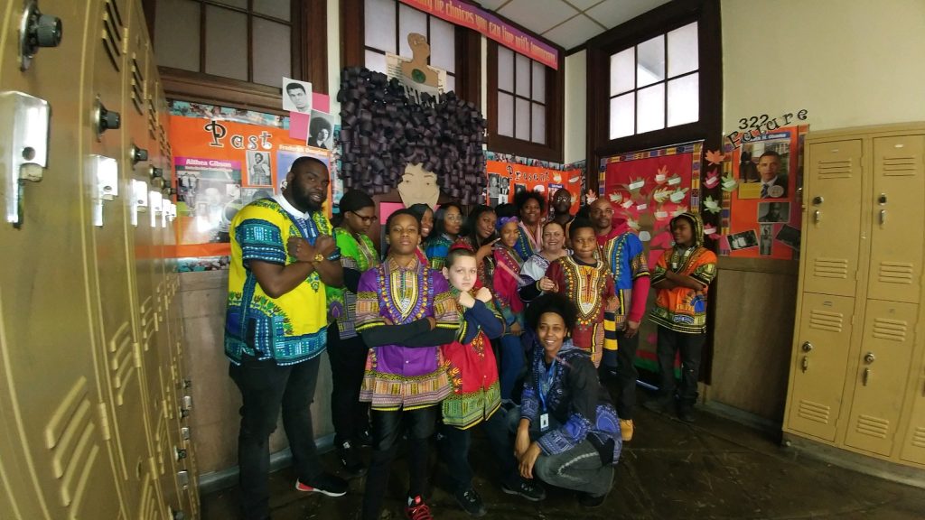 Students in dashikis celebrating Black History Month.